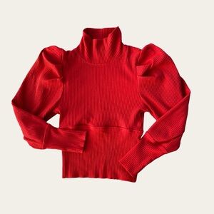 Free People Red Lala Tee Pleat Puff Sleeve Ribbed Mock Neck Cropped Top
